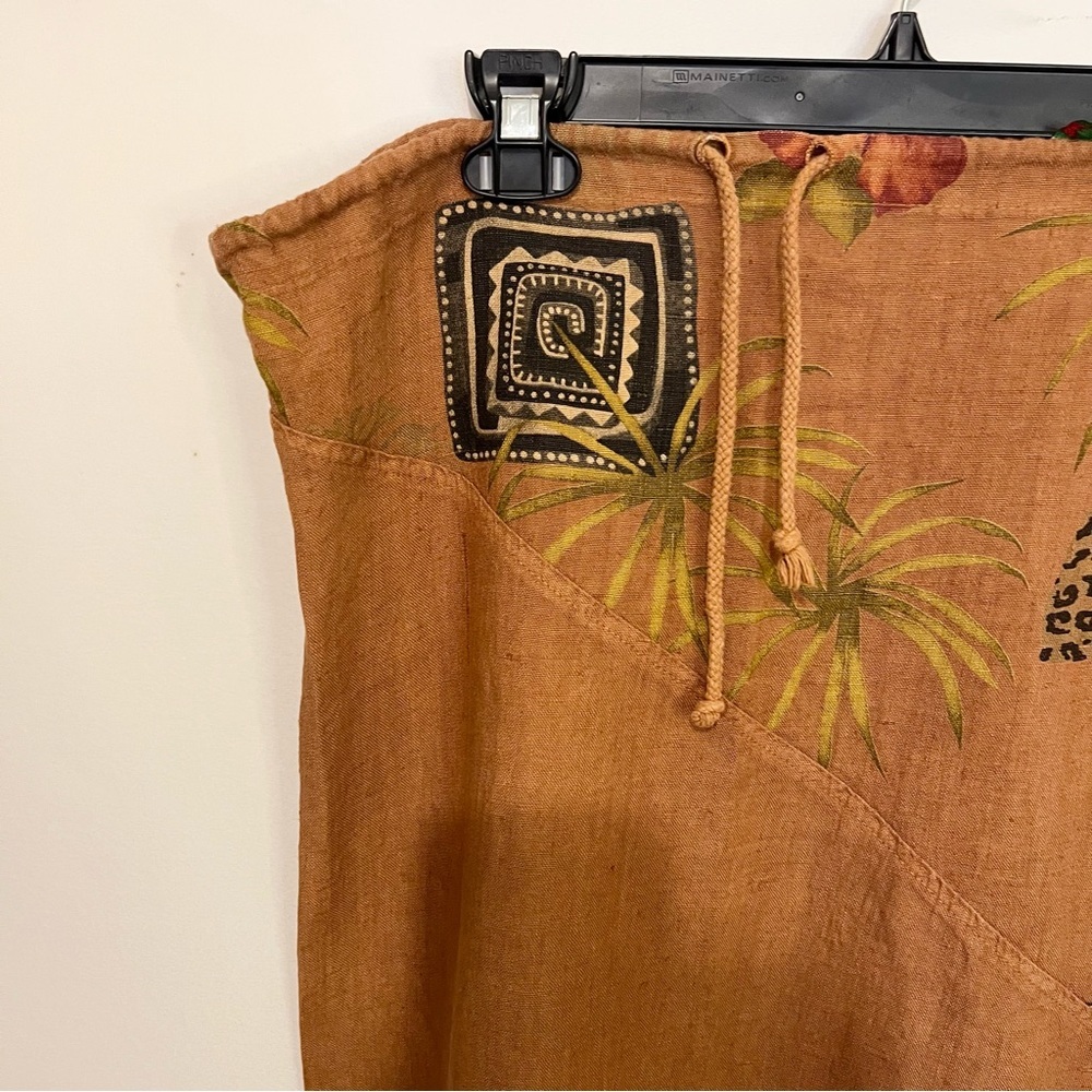 Women’s Tan Linen Skirt Palm Tree Leopard Flower Fringe Large Asymmetrical - Picture 2 of 9